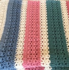 Large Hand Crocheted Afghan Throw Striped Pink Blue White Teal 82 X 60 picture