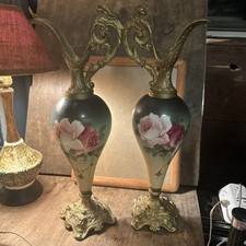Antique PAIR  Victorian Mantle Ewers Hand Painted Satin Glass North Wind Spelter picture