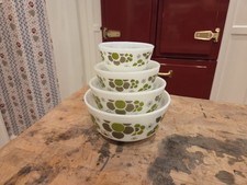 VTG AH Fire King Springtime Mod Green Flower MCM Milk Glass Bowls 4 Set Mixing picture