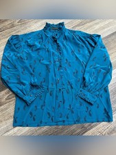 Louis Feraud Paris 100% Silk Paisley Ruffle Blouse Size 40 Blue Vintage picture