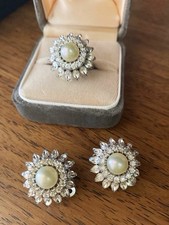 Rare Vintage Jomaz Signed Rhinestone and Faux Pearl Ring and Earrings Size 6 picture