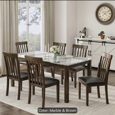 7-Piece Rectangular Dining Table Set Faux Marble Top Dark Brown Wood 6 Chairs picture