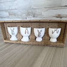 Rae Dunn Ceramic Bunny Egg Cup Set of 4 Glossy White/Pink/Gray Boxed picture