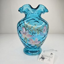 Vtg Fenton Vase Art Glass Ocean Blue 6
