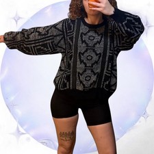 Vintage 90s Options Black Geometric Leather Trim Sweater Large picture