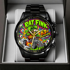 Rat Fink 63rd Anniversary Watch Black Stainless Steel Ed Roth Hot Rod For Men Q9 picture