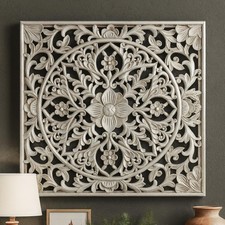 XIAOAIKA Boho Carved Wood Wall Art Panel Floral Mandala Distressed Silver picture
