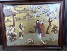 Vintage Japanese Silk Fabric Art Framed Geisha Cherry Blossom Garden Large 24x30 picture