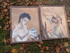 2 Vintage Benjamin Jorj Harris Paintings Mid Century Modern Women Portraits picture