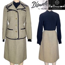 1960s 1970s Vintage Dress + Jacket Suit Set D'Amselle Mr Max Beige Blue Tweed 12 picture