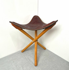 Vtg Hand Tooled Leather Tripod Folding Camp Stool Thick Saddle Seat Wood Legs picture