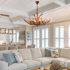 Restaurant Vintage Resin Deer Horn Antler Rustic Chandelier Ceiling Pendant Lamp picture