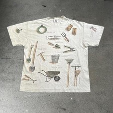 Vintage 1999 Gardening Tools all over print graphic cream colored t-shirt XL picture