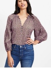 Ann Taylor LOFT Ditsy Floral Pleated Peasant Pullover Woven Blouse Green Medium picture
