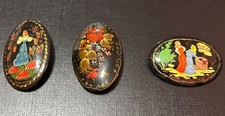 Vintage Russian 3pc Oval Hand-Painted Black Enamel Brooch Pin Set Signed picture