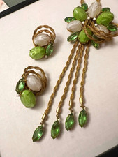 Vintage Signed Rifas Demi Parure Necklace & Clip Earrings Green & White Glass picture