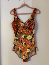 Vintage 60s 70s Swimsuit Medium Orange Yellow Velvet Bathing One Piece Mod Retro picture