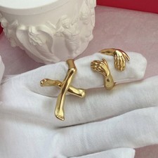 Schiaparelli Gold Hug Hands Cross Limbs Adjustable 2Pcs Sculpture Ring Set picture
