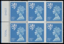 1989, GREAT BRITAIN-SCOTLAND, MACHIN ERROR 15P PARTLY IMPERF BLOCK OF 6, SG#S56a picture