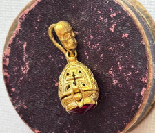 Antique Victorian Memento Mori 19th C Skull Silver Gild Garnet Pill Box Pendant picture