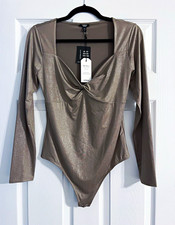 Express Body Contour Compression Twist Front Long Sleeve Bodysuit M Gold Shimmer picture