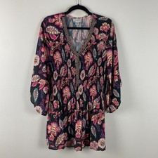 Catherines Pleated 3/4 Bell Sleeve Tunic Size 1X Embellished Black Floral picture