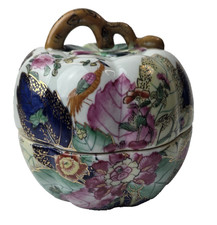 VTG  Chinese Tobacco Leaf Famille Rose Phoenix Gilt Porcelain Pumpkin Jar Box picture
