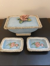 Vintage Hand Painted Ceramic Trinket Box Ashtray Set Signed Smoot Blue Rose 3pc picture
