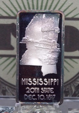 *HAMILTON MINT* 1oz .999 Silver Bullion *MISSISSIPPI* 20th State Art Bar ECC&C picture