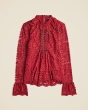 NWT J CREW Berry Red Sangria Lace Mockneck  Pleated Ruffle Top Sz 8 picture