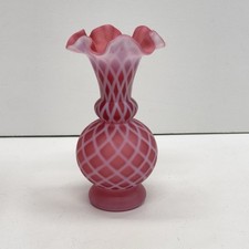 Vintage Fenton Cranberry Opalescent Satin Glass Vase Diamond Optic Ruffle picture