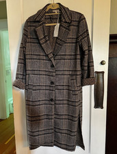 Mystree Plaid Wool Blend Long Coat S NWT Leopard Lined Cuff Statement picture