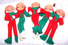 Vintage Knee Hugger Elf Ornament Set of 5 Felt vintage, made in Japan. Flat face picture