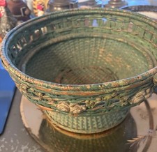 Green Wicker Decorative Basket w/Handle and amazing barbola floral details picture