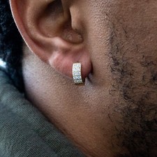 Men's Iced Two Row Cz Yellow Gold Plated Sterling Silver Post Hoop Earrings picture