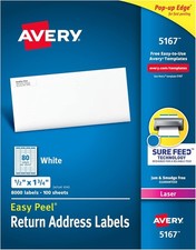 Avery Printable Return Address Labels Sure Feed 0.5x1.75 White 8000 Pack 5167 picture