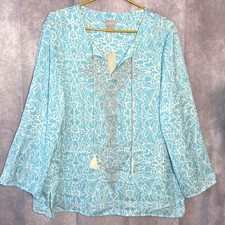 NWT Chico's Embellished V-Neck Tunic Tassels Top Women Size 3 Blue White Boho picture