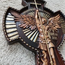 St Michael the Archangel. Wood Carved picture, cross. gift for him, gift for mom picture