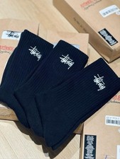 Stussy Men's Logo Crew Socks Black/White Mid Calf 3 Pairs One Size Cotton picture