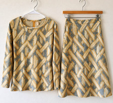 Vintage 70s 2 Piece Knit Skirt Set Geometric Mod Top Midi Skirt Rare picture