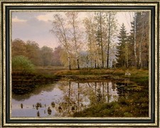 Hand-painted oil painting art Autumn Birch Forest Lake Landscap on canvas 30X40