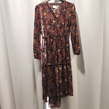 Knox Rose Women's Size S Floral V-Neck A-Line Midi Dress Chiffon Tie Buttons picture