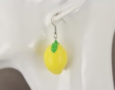 Lemon earrings dangle 3D fruit tropical 1 7/8