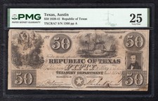 1839-41 $50 THE REPUBLIC OF TEXAS AUSTIN, TX OBSOLETE NOTE PMG VERY FINE-25 picture