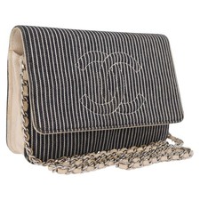 CHANEL Chain Shoulder Bag Canvas Navy Silver CC Auth 208513A picture