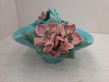 Vintage Green Capodimonte Porcelain Basket of Flowers Italy Aqua Pink picture