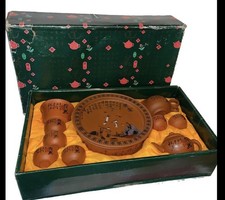 Nice Vintage Terra Cotta Pottery Asian Boxed Tea Set 14 Piece  picture
