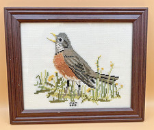 Finished Cross Stitch Robin Bird Framed Spring Wildflowers Handmade 12x10 picture
