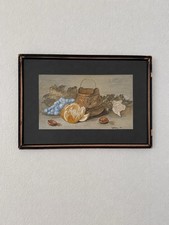 Antique 1926 British Still Life Original Watercolor Painting Fruit Copper Pot picture