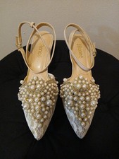 J. Renee Desdemona Ivory Pearl Ankle Strap Floral Lace Shoe Size 8 picture